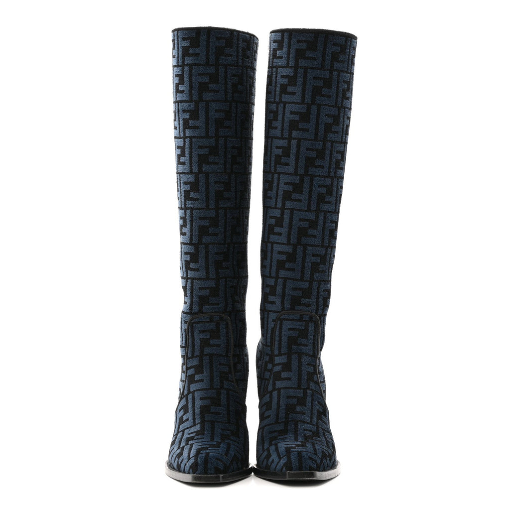 Fendi Chenille Jacquard FF 110mm Knee Boots 39 Black Blue