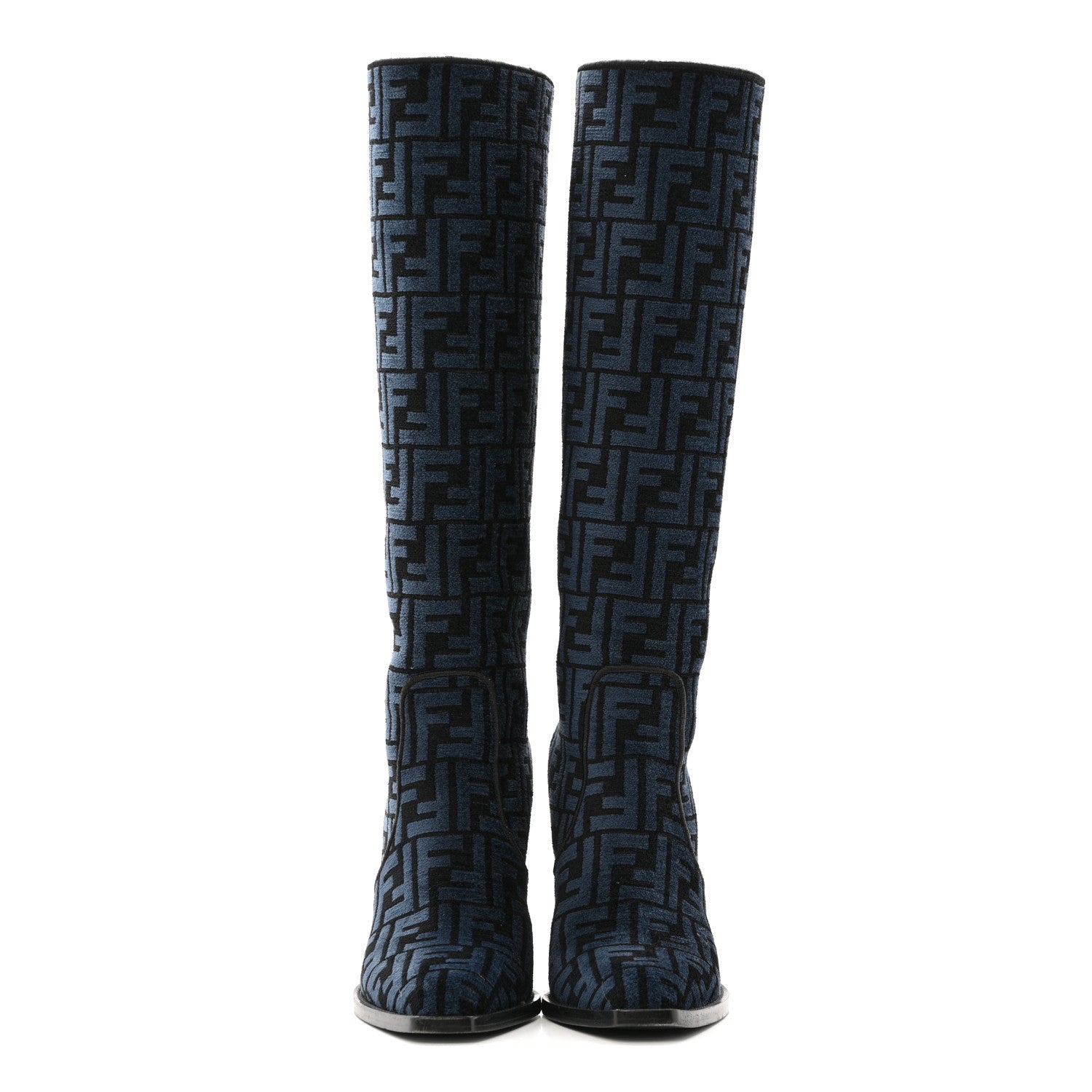 Fendi Chenille Jacquard FF 110mm Knee Boots 39 Black Blue