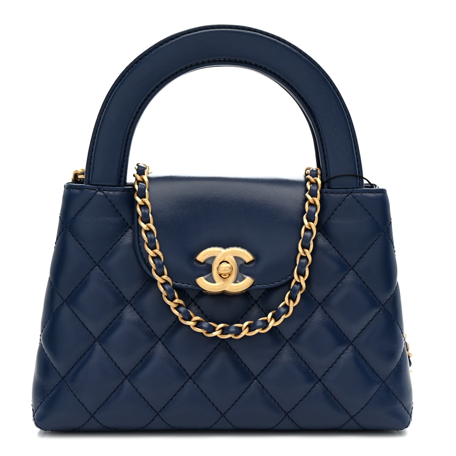 Chanel Shiny Aged Calfskin Quilted Nano Kelly Shopper Dark Blue