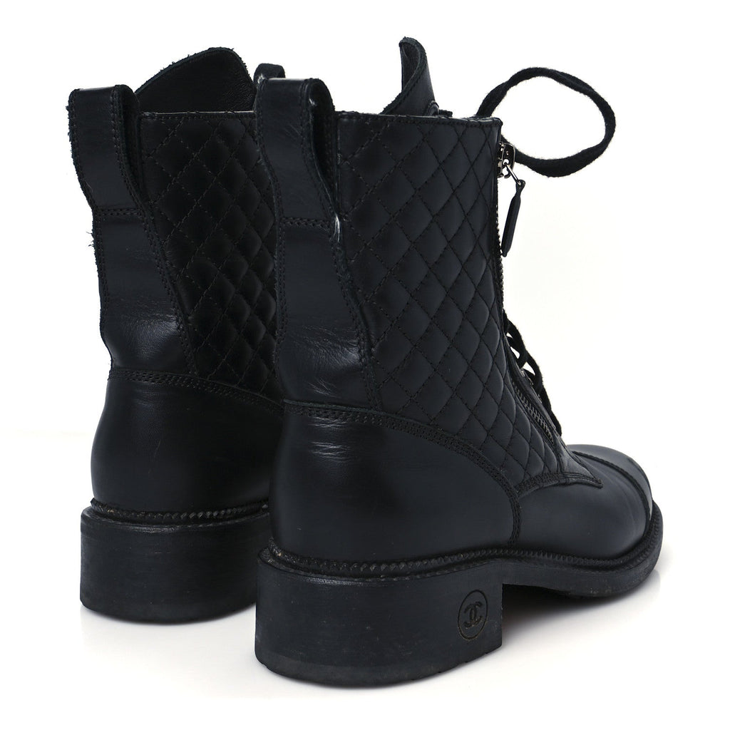 Chanel Calfskin Quilted Lace Up Combat Boots 39 Black