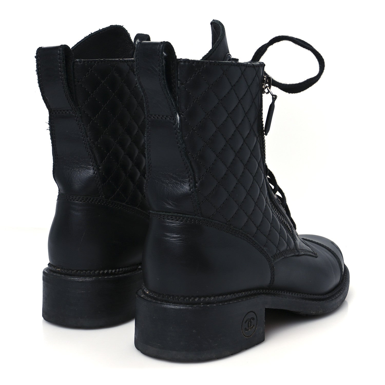 Chanel Calfskin Quilted Lace Up Combat Boots 39 Black
