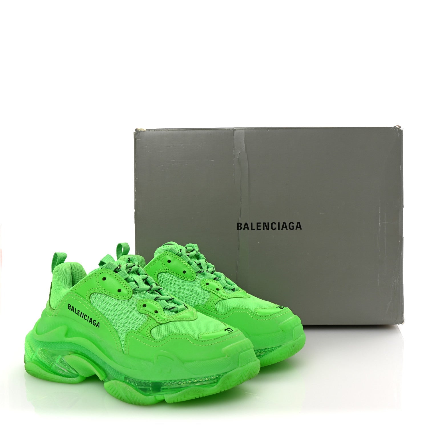 Balenciaga Fabric Mesh Clear Sole Womens Triple S Sneakers 37 Fluo Green