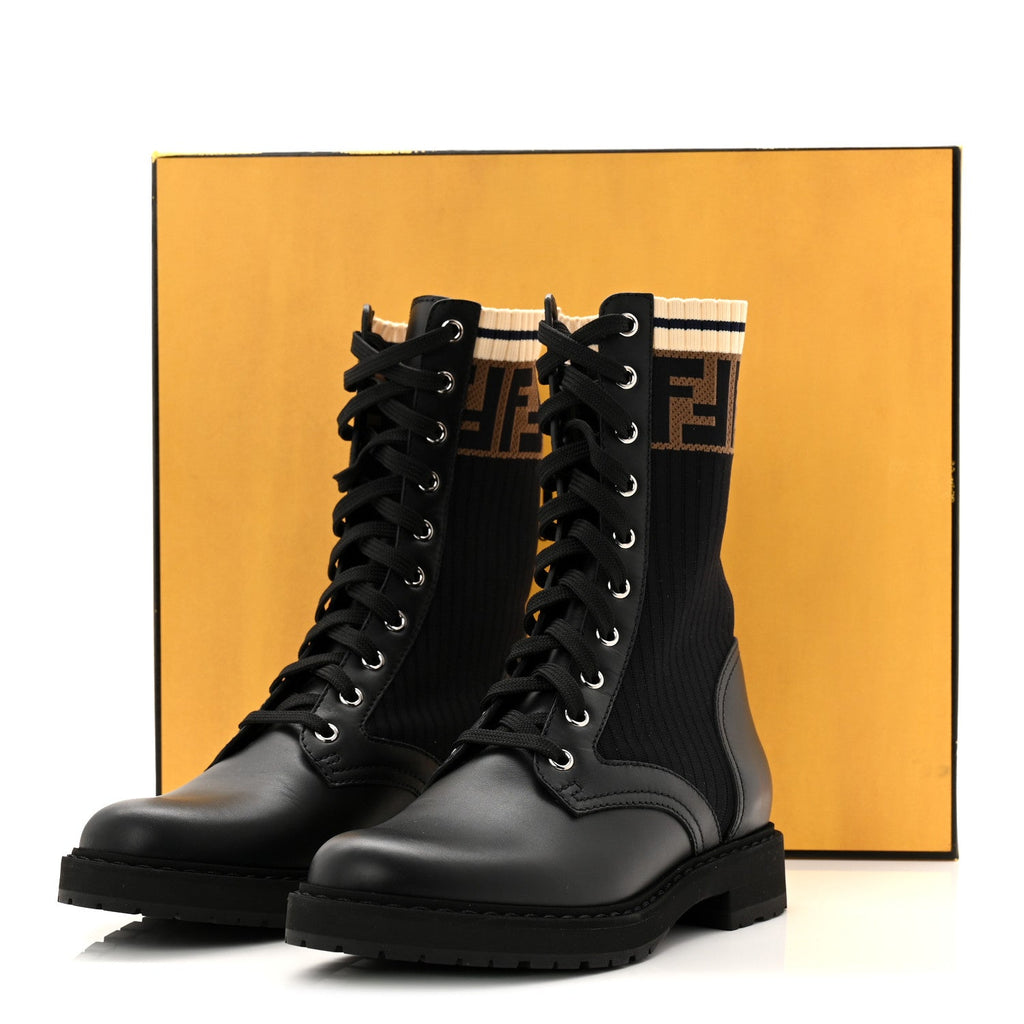 Fendi Calfskin Stretch Fabric Rockoko Biker Boots 37 Tobacco Black Marino