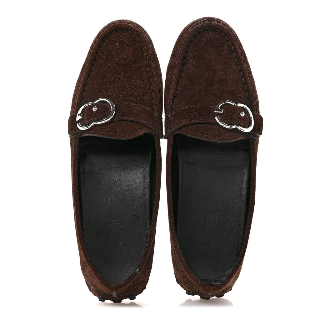 Gucci Suede GG Buckle Driver Loafers 38.5 Brown