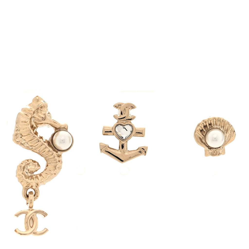 Chanel Metal Pearl Anchor Seahorse Shell Earrings Set Gold