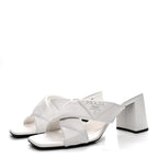 Prada Nappa Logo Quilted Crisscross 65mm Block Heel Slide Sandals 39.5 White