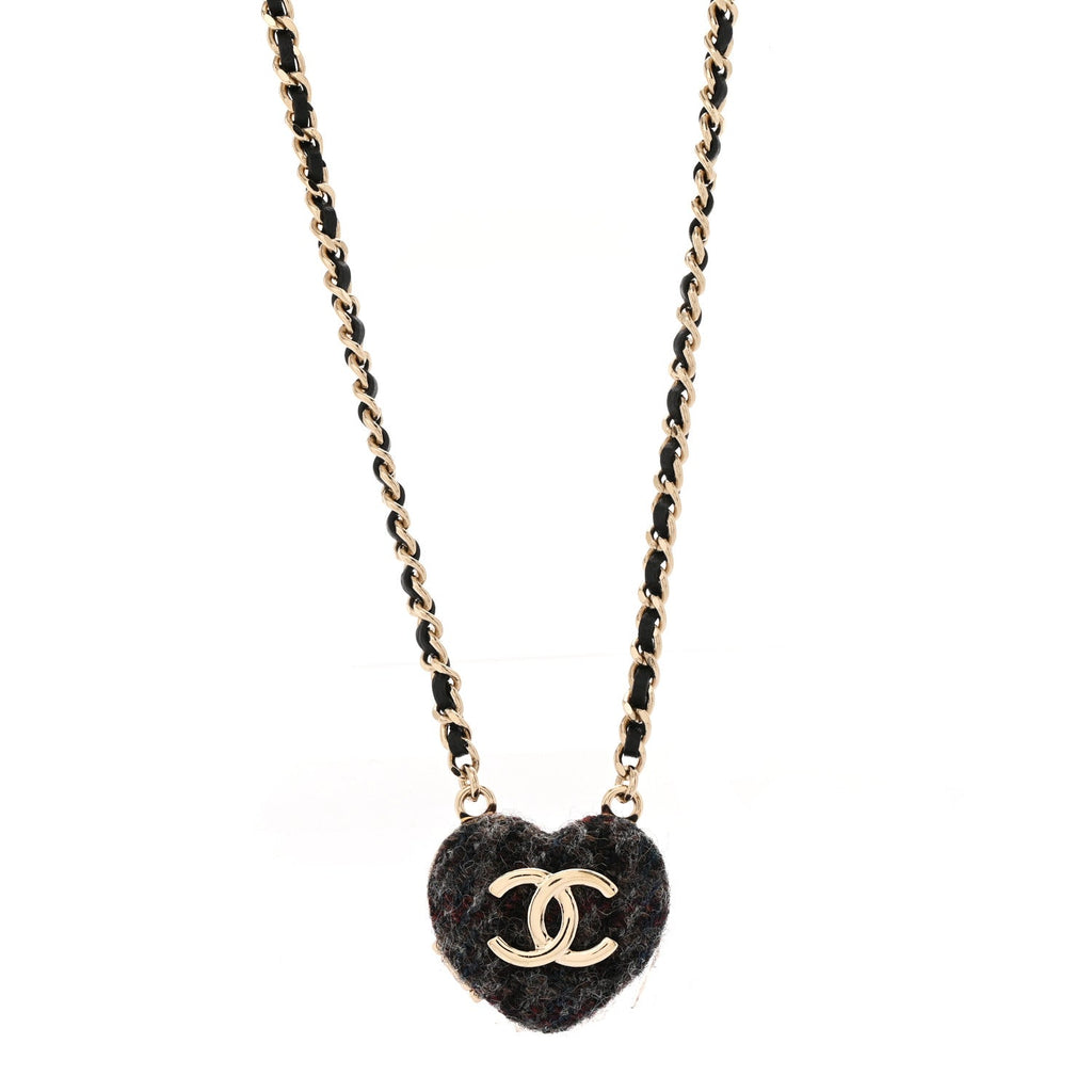Chanel Tweed Lambskin CC Heart Locket Necklace Gold Black Beige