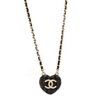 Chanel Tweed Lambskin CC Heart Locket Necklace Gold Black Beige