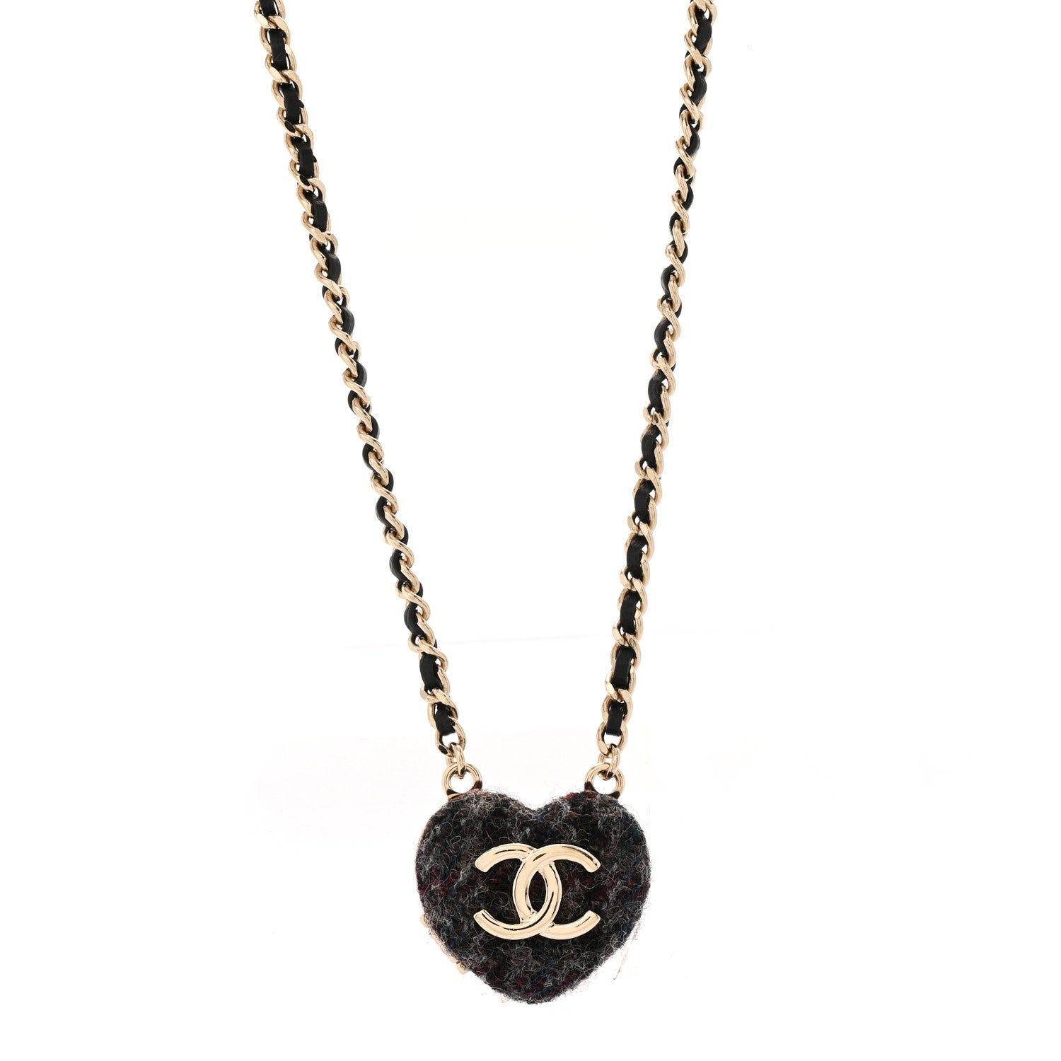 Chanel Tweed Lambskin CC Heart Locket Necklace Gold Black Beige