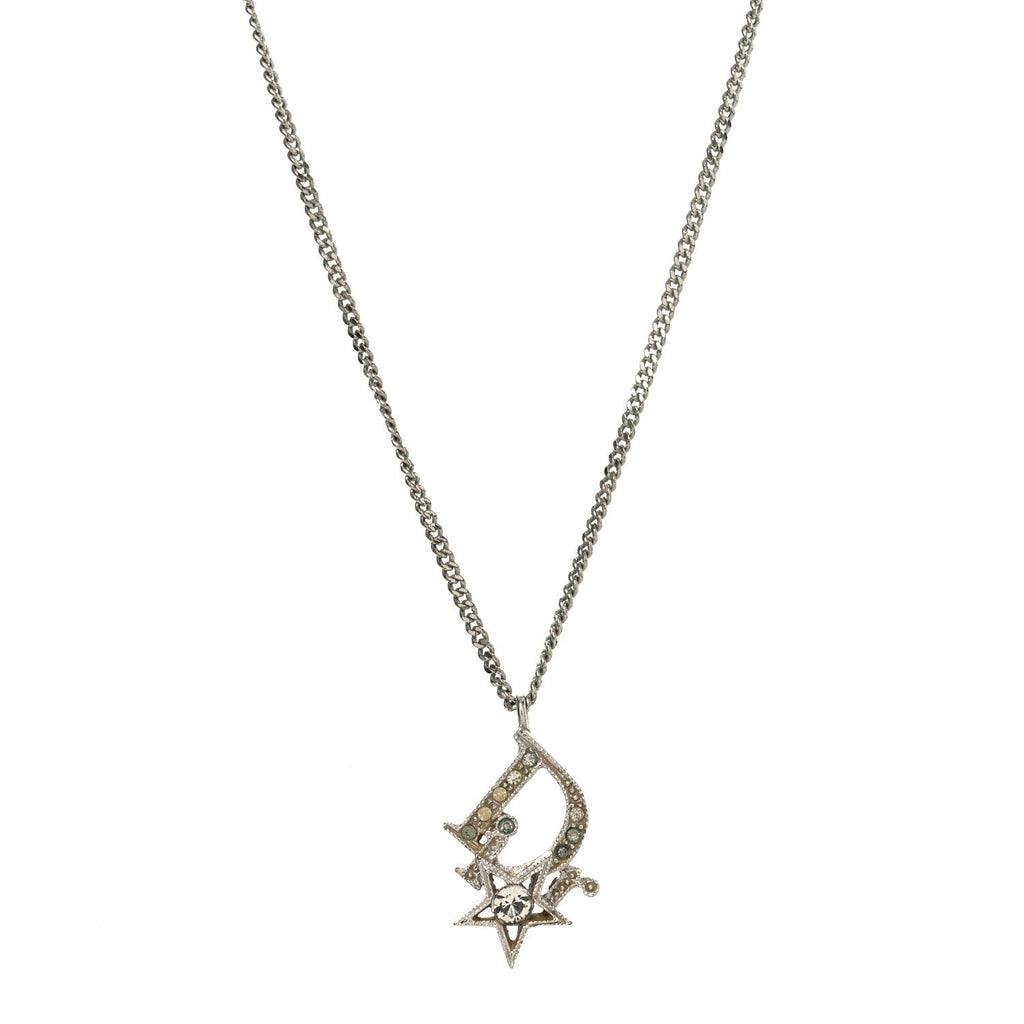 Christian Dior Crystal Logo Star Necklace Silver