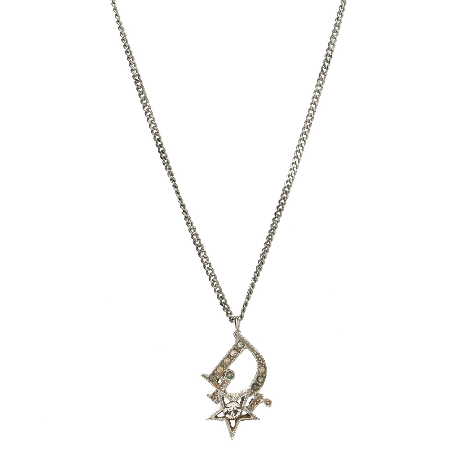 Christian Dior Crystal Logo Star Necklace Silver