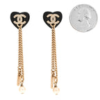 Chanel Resin Crystal Pearl CC Heart Chain Earrings Black Gold