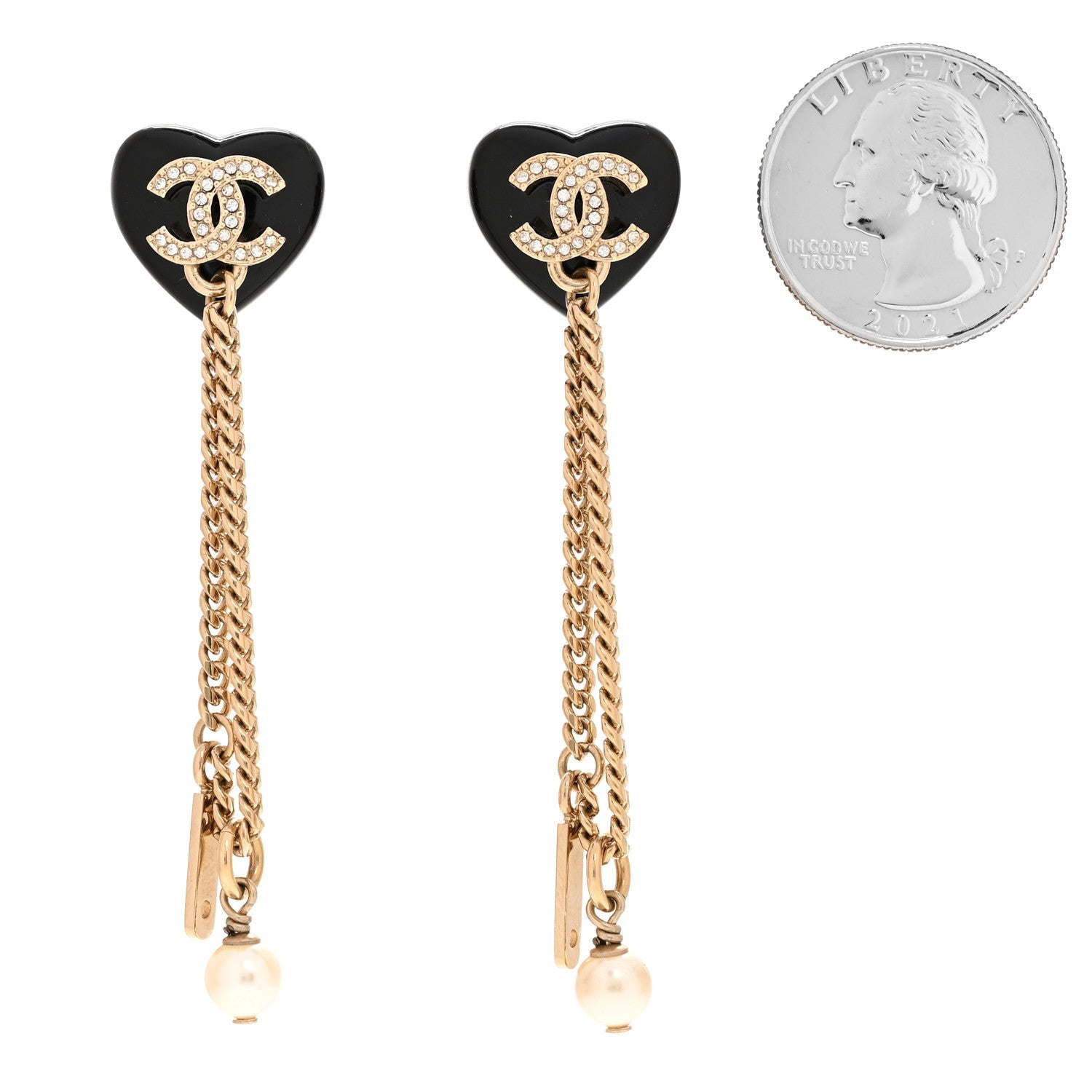 Chanel Resin Crystal Pearl CC Heart Chain Earrings Black Gold