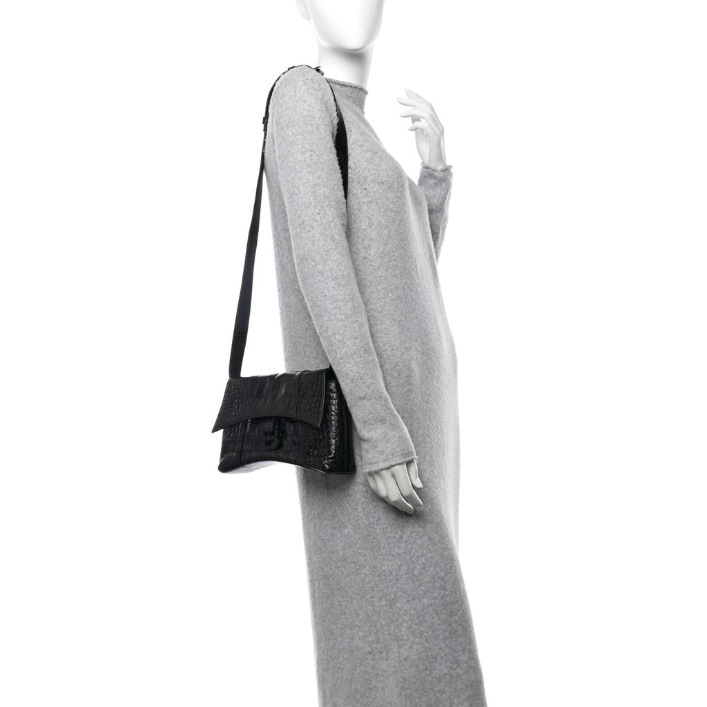 Balenciaga Extra Supple Calfskin Crocodile Embossed Monochrome XS Downtown Shoulder Bag Black