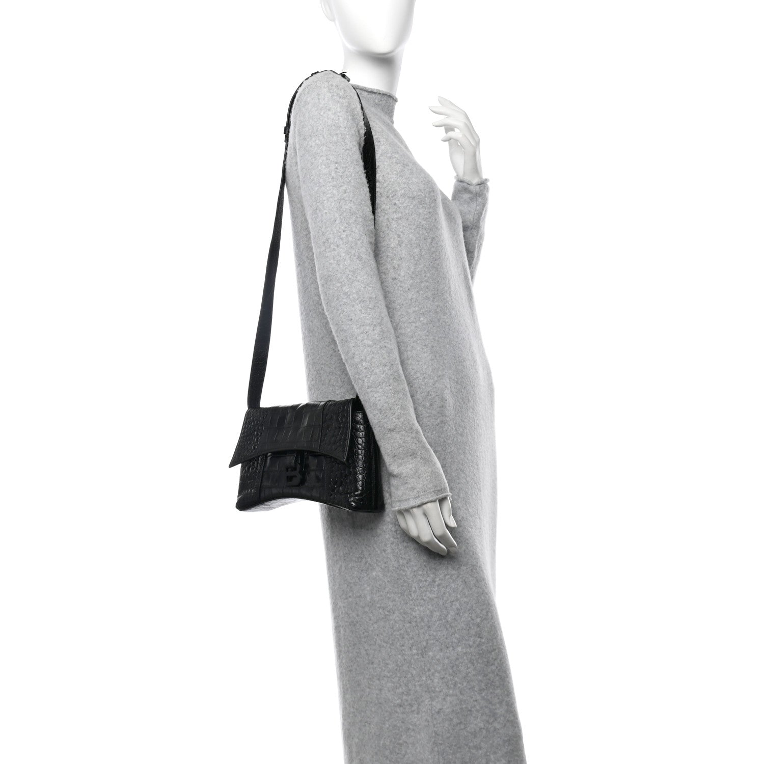 Balenciaga Extra Supple Calfskin Crocodile Embossed Monochrome XS Downtown Shoulder Bag Black