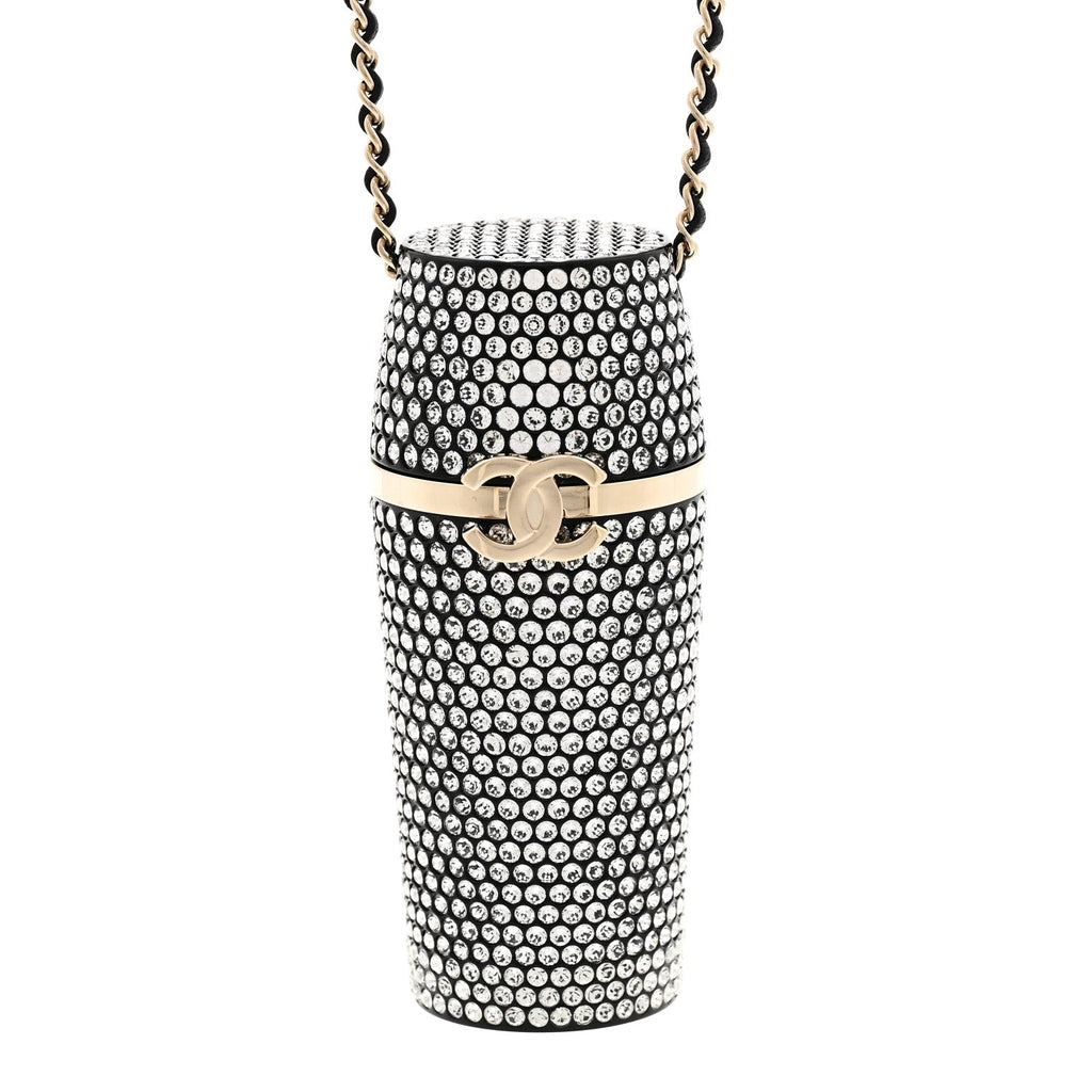 Chanel Metal Resin Lambskin Crystal Lipstick Case Long Necklace On Chain Silver Black Gold