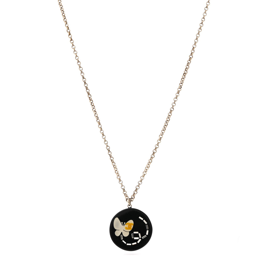 Chanel Resin Crystal Butterfly CC Pendant Necklace Gold Black
