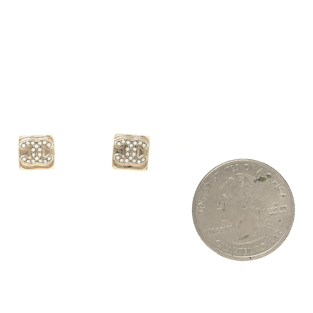 Chanel Metal Crystal Mini Square CC Earrings Gold