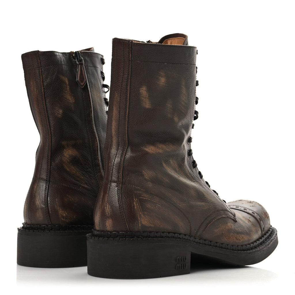 Miu Miu Antic Calfskin Laced Booties 40 Cacao
