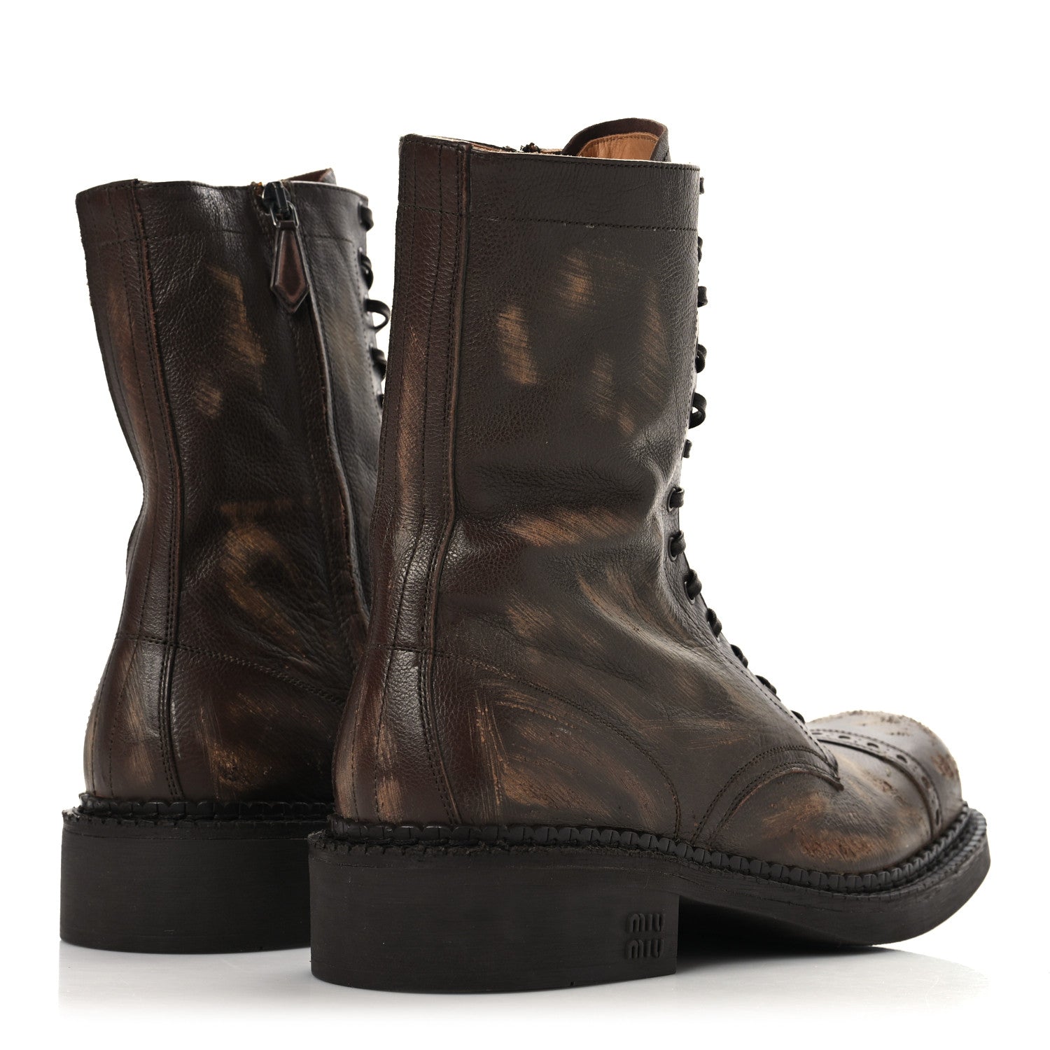 Miu Miu Antic Calfskin Laced Booties 40 Cacao