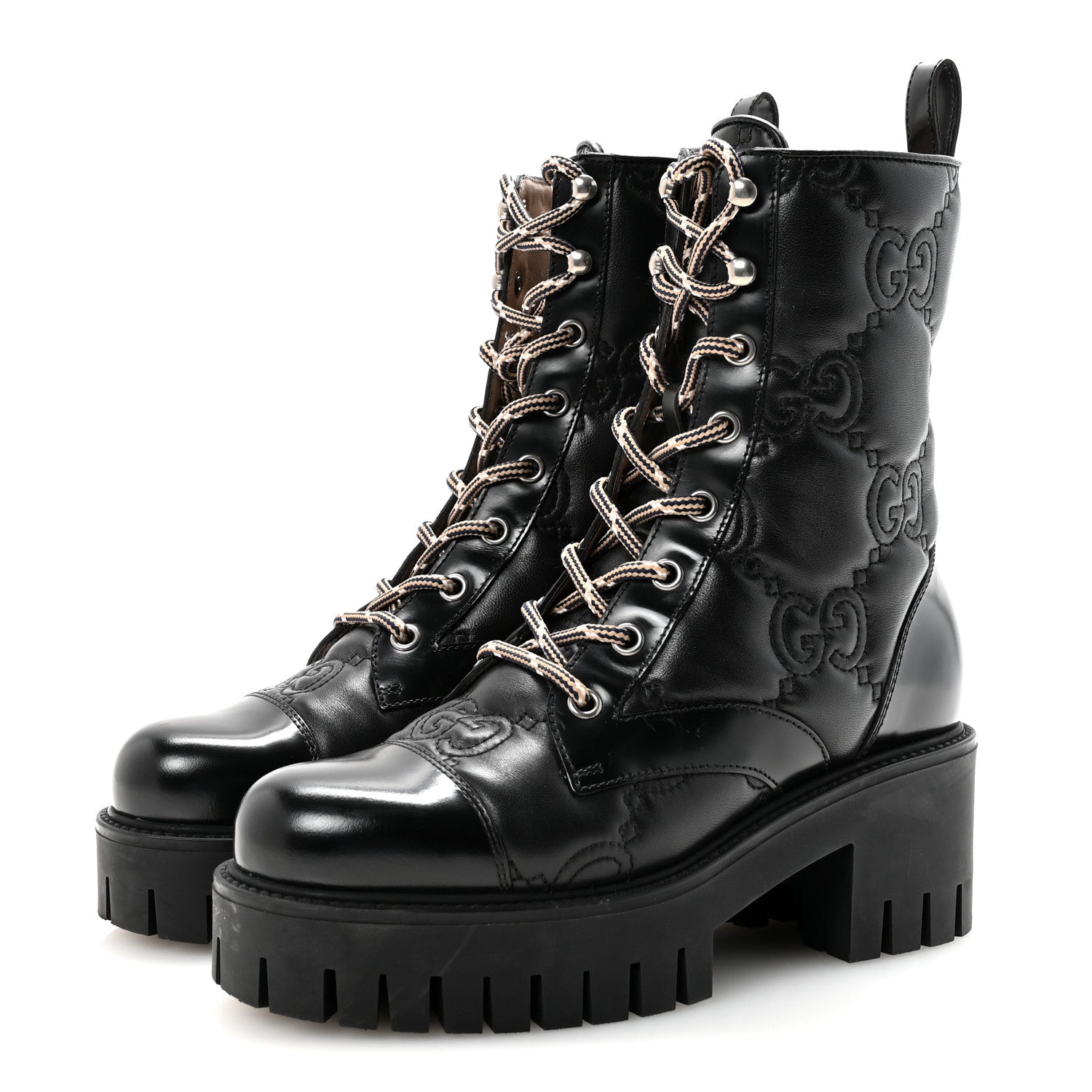 Gucci Cordovan Lux Nappa GG Matelasse Lace Up 60mm Combat Boots 35.5 Black