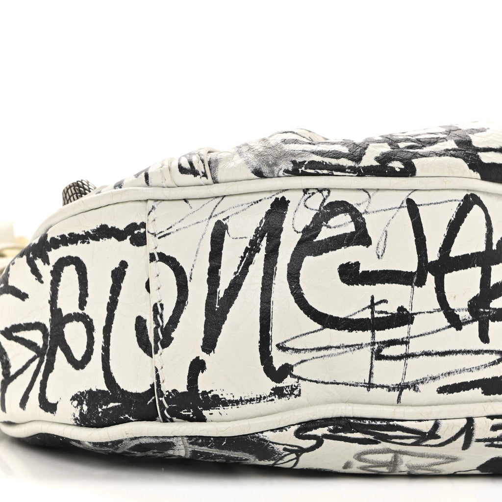 Balenciaga Agneau Arena Graffiti Le Cagole Shoulder Bag XS White Black