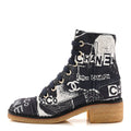 Chanel Suede Calfskin Printed CC 31 Rue Cambon Lace Up Combat Boots 36 White Navy