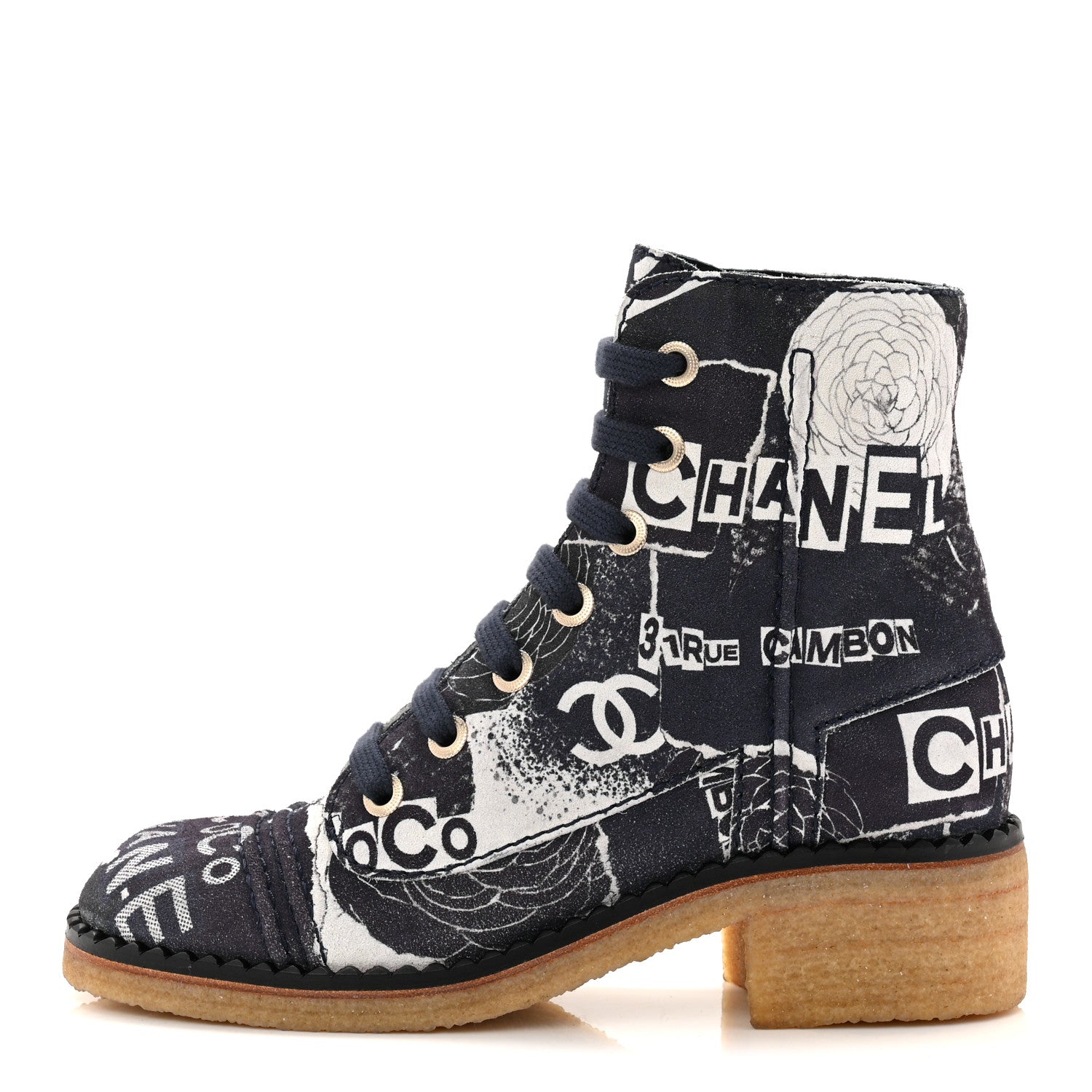 Chanel Suede Calfskin Printed CC 31 Rue Cambon Lace Up Combat Boots 36 White Navy