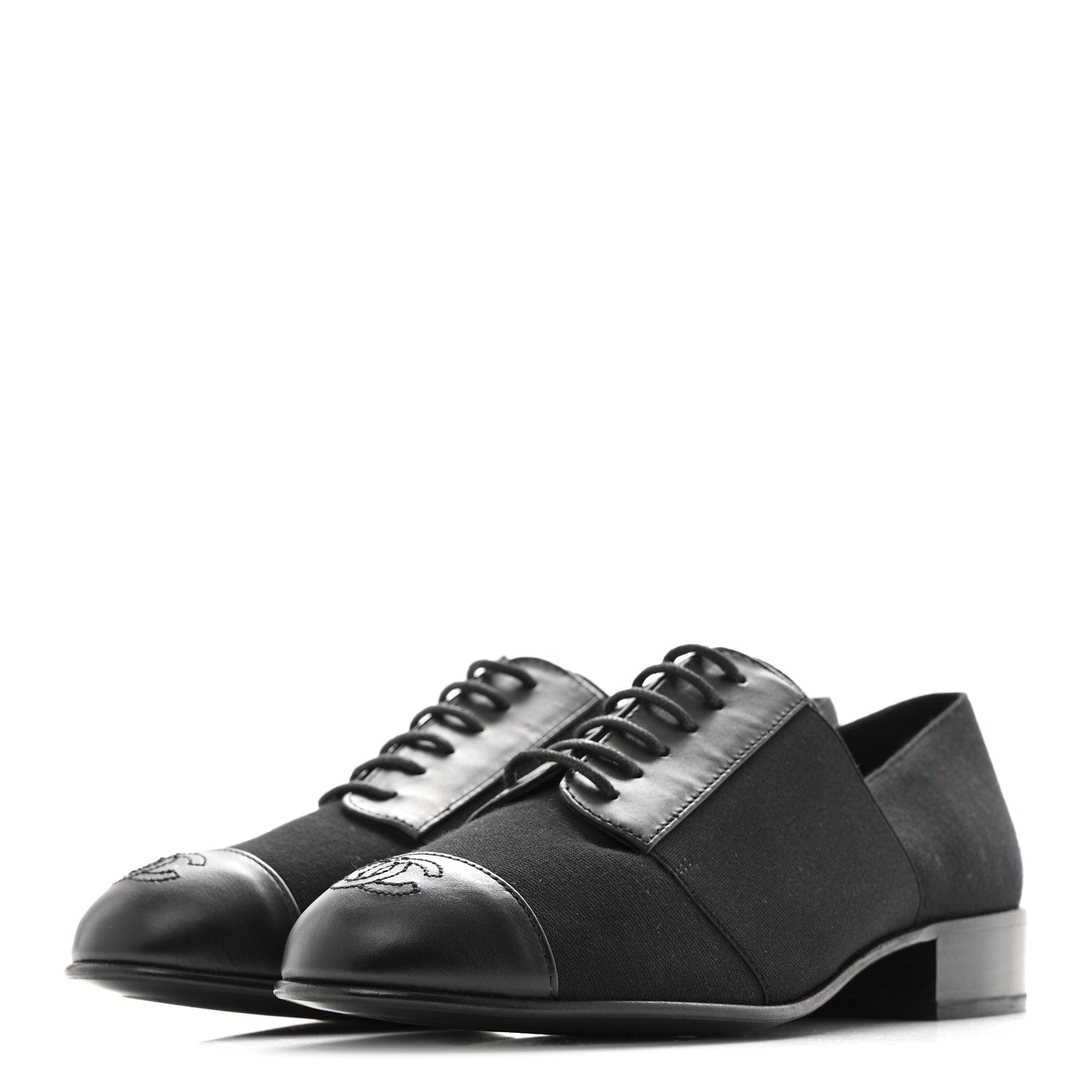 Chanel Calfskin Elastic Lace Up Cap Toe CC Loafers 37 Black