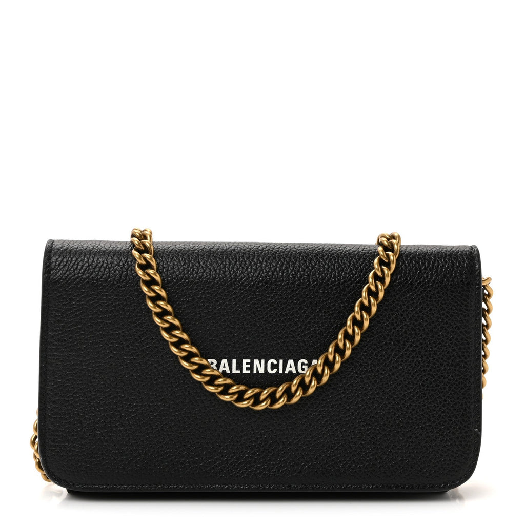 Balenciaga Grained Calfskin Logo Cash Phone Holder Wallet On Chain Black