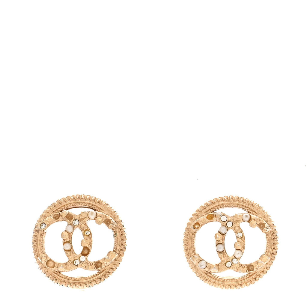 Chanel Pearl Crystal CC Round Earrings Gold