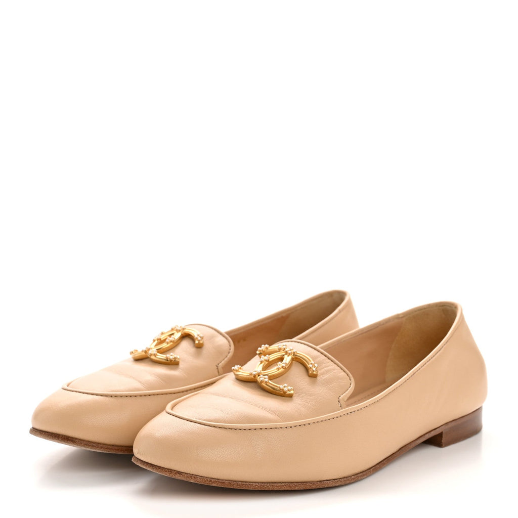 Chanel Lambskin Pearl CC Loafers 36 Beige