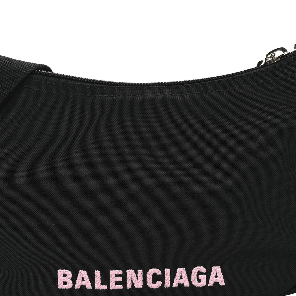 Balenciaga Recycled Sport Nylon Logo Embroidered Wheel Sling Bag Black Pink