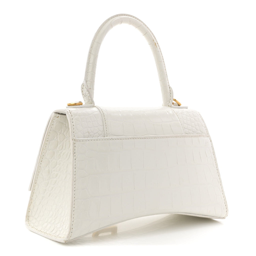 Balenciaga Calfskin Crocodile Embossed Small Hourglass Top Handle Bag White