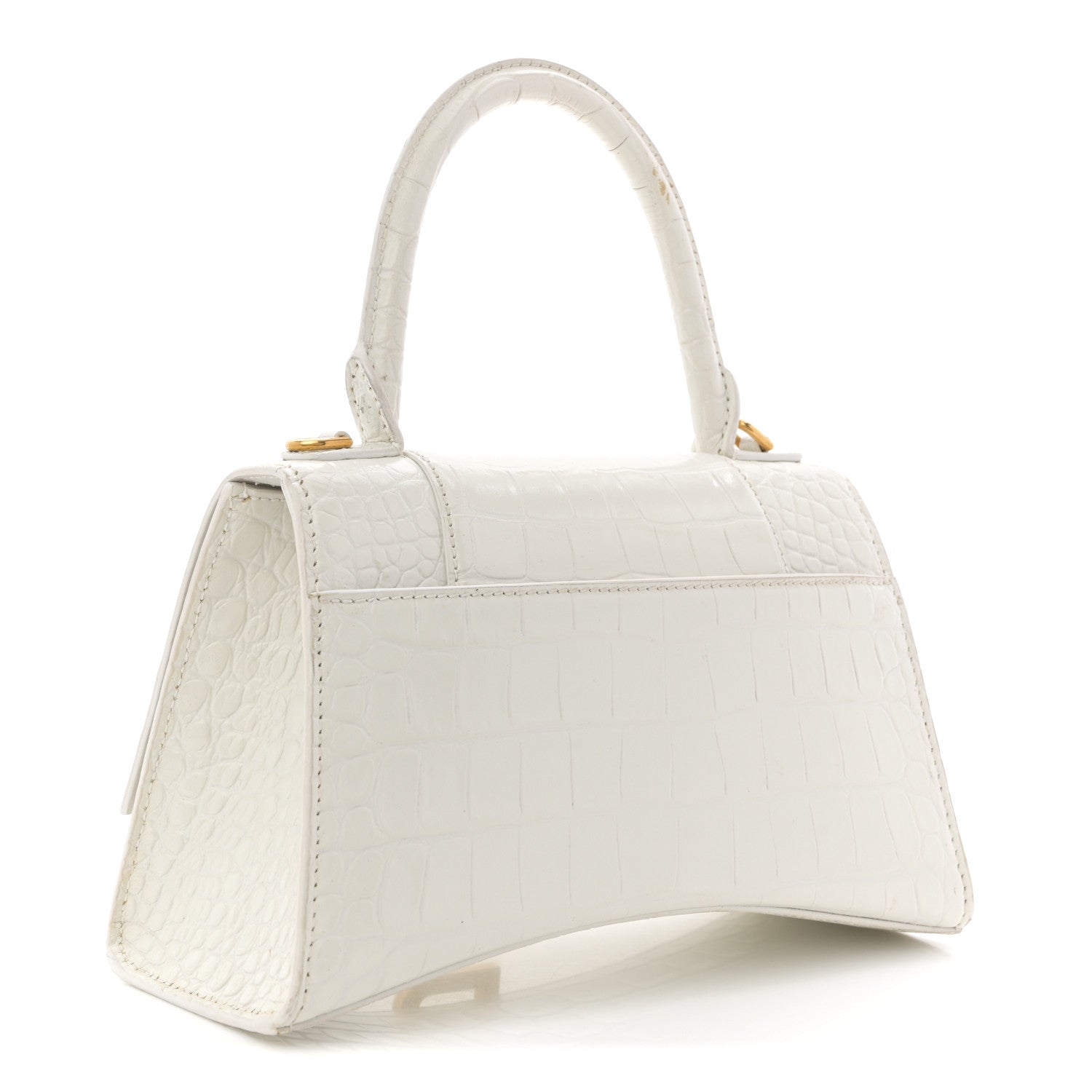 Balenciaga Calfskin Crocodile Embossed Small Hourglass Top Handle Bag White