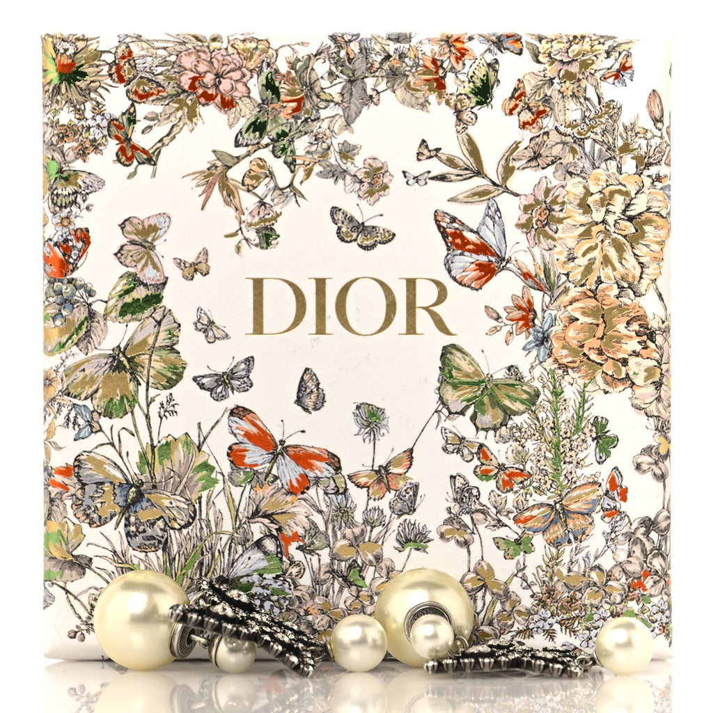 Christian Dior Crystal Pearl Butterfly Drop Earrings Silver