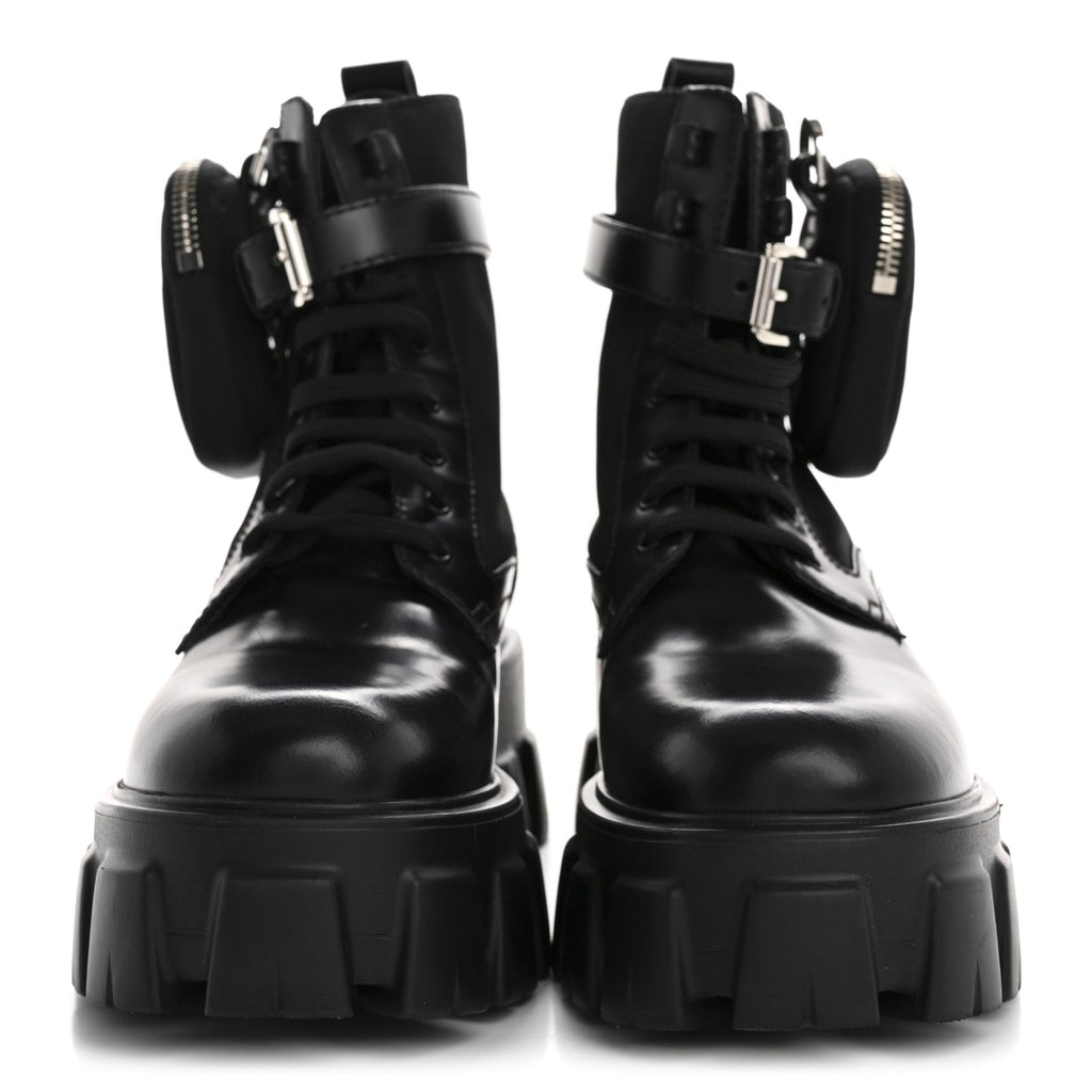 Prada Spazzolato Rois Nylon Metal Triangle Logo Monolith Pouch Pocket 55mm Boots 36.5 Black