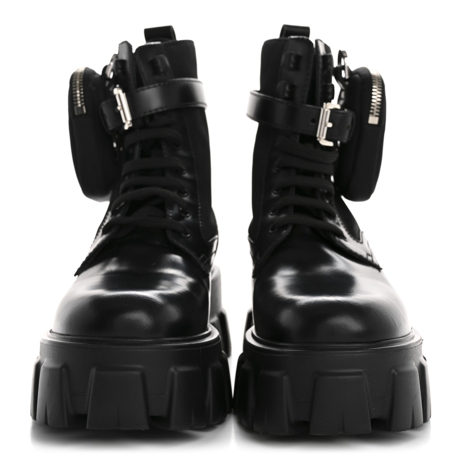 Prada Spazzolato Rois Nylon Metal Triangle Logo Monolith Pouch Pocket 55mm Boots 36.5 Black