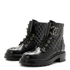 Chanel Shiny Calfskin Quilted Lace Up Combat Boots 39 Black