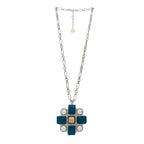 Chanel Gripoix Poured Glass Pearl CC Pendant Necklace Turquoise Silver