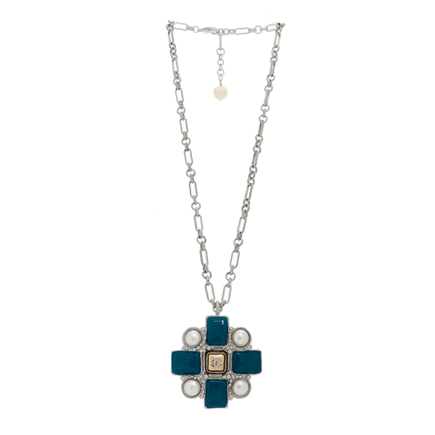 Chanel Gripoix Poured Glass Pearl CC Pendant Necklace Turquoise Silver