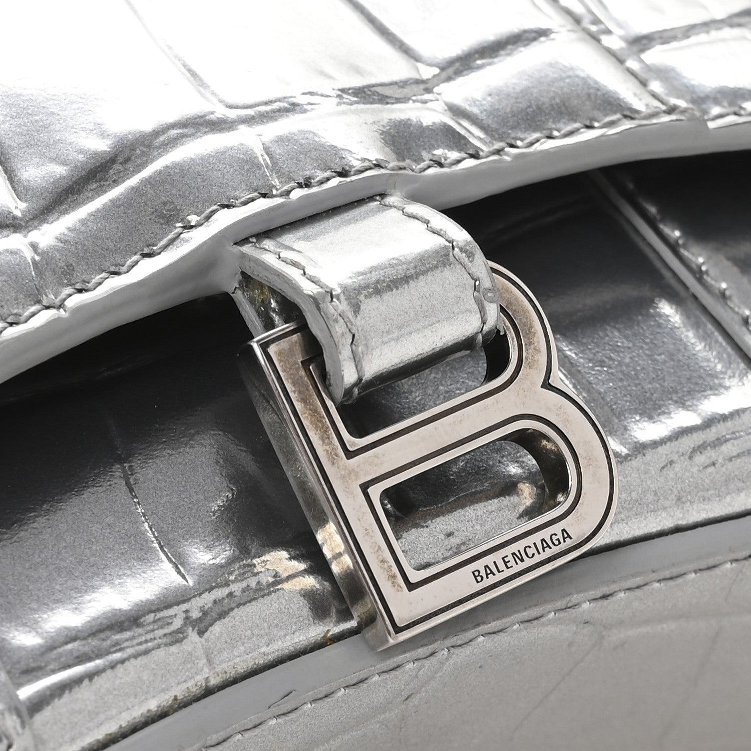 Balenciaga Metallic Calfskin Crocodile Embossed Hourglass Chain Cardholder Silver