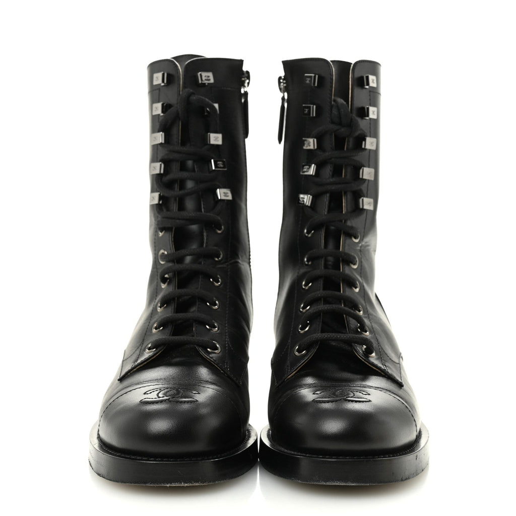 Chanel Calfskin Lace Up Combat Boots 37.5 Black