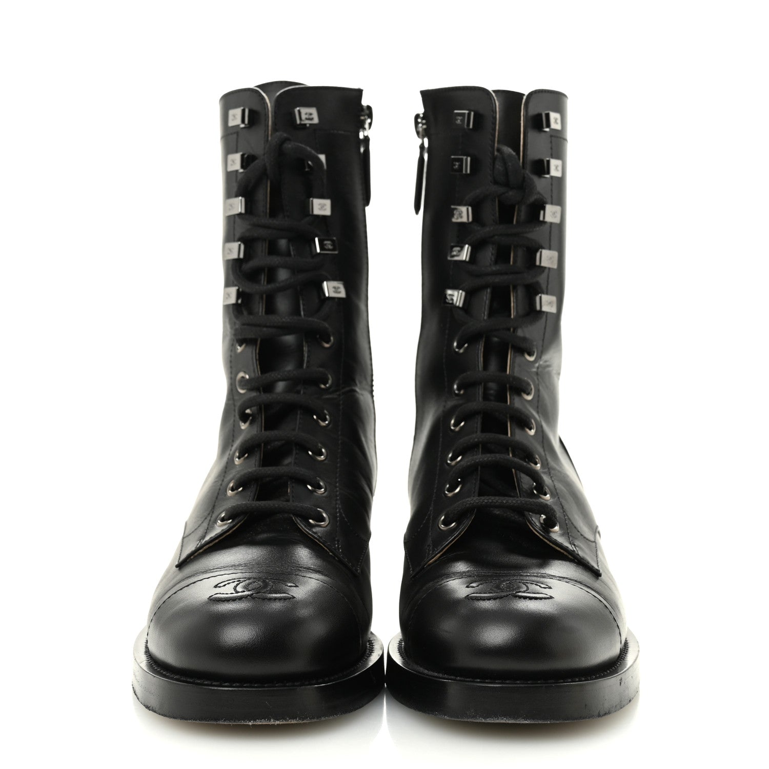 Chanel Calfskin Lace Up Combat Boots 37.5 Black