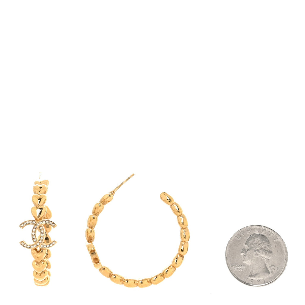 Chanel Crystal Heart CC Hoop Earrings Gold