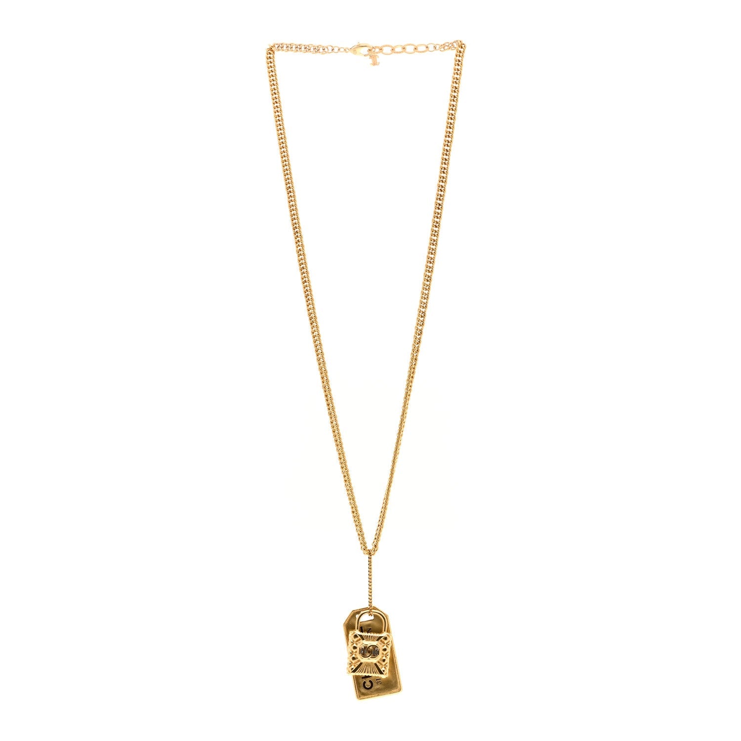 Chanel CC Padlock ID Dog Tag Charm Necklace Gold