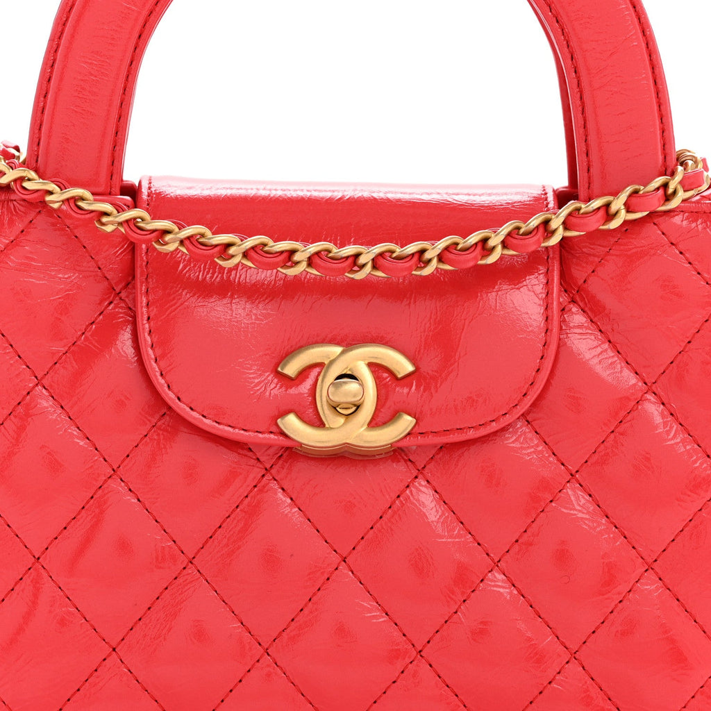 Chanel Shiny Aged Calfskin Quilted Nano Kelly Shopper Red