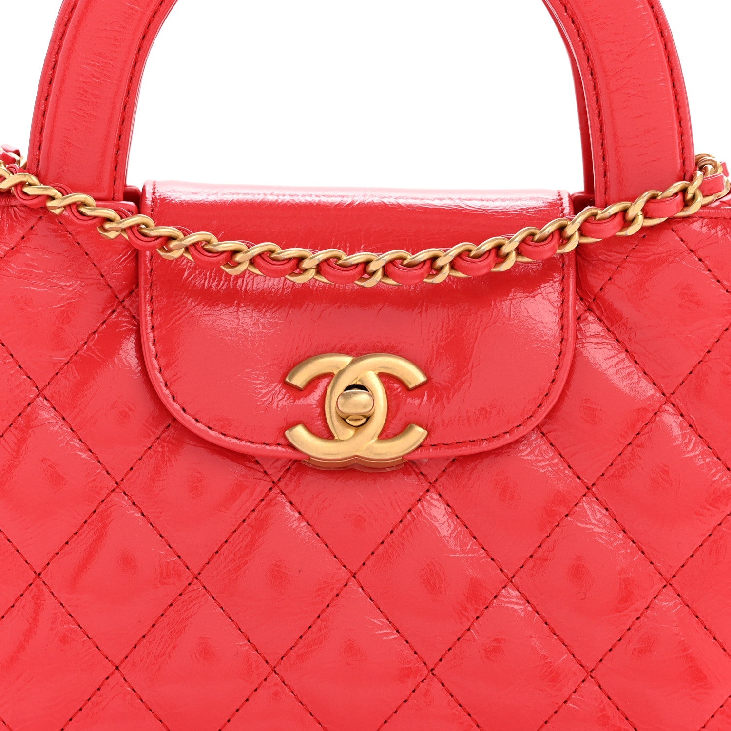 Chanel Shiny Aged Calfskin Quilted Nano Kelly Shopper Red
