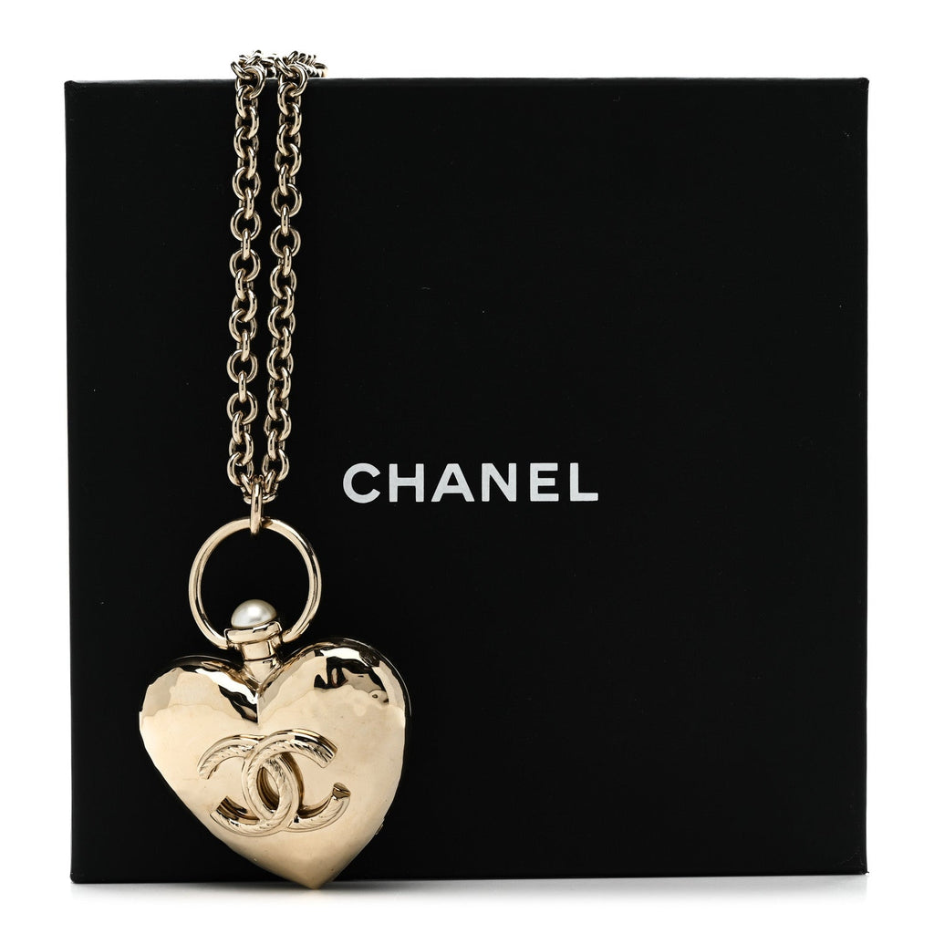 Chanel Metal CC Heart Locket Necklace Gold