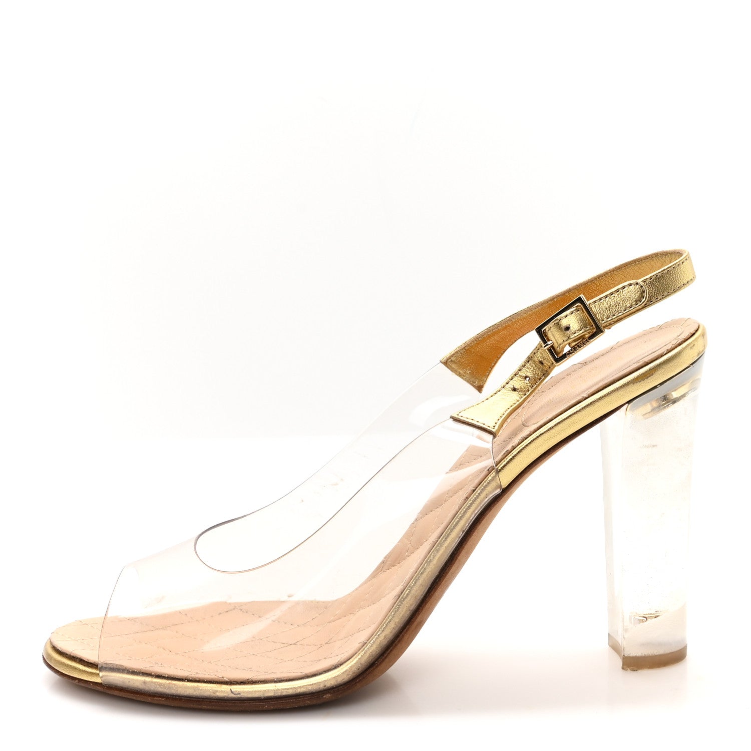 Chanel Metallic Calfskin PVC Peep Toe Heels 41 Gold